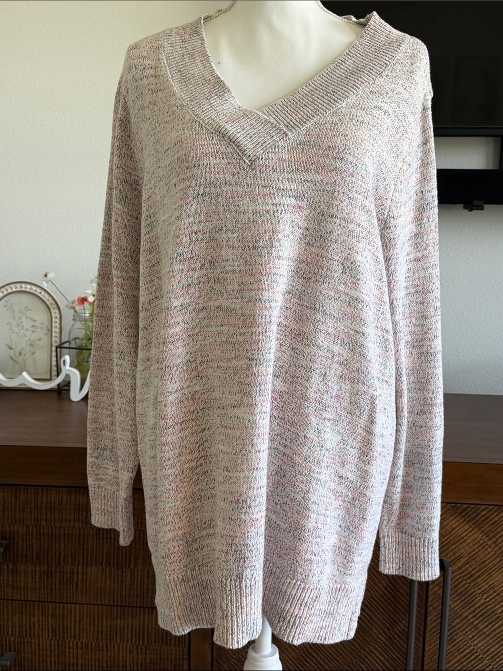 croft & barrow Marled V-Neck Sweater in Pink and Cream